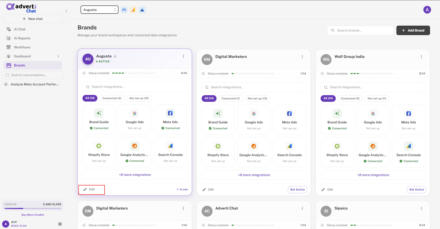 Adverti Brands page listing connected brand workspaces