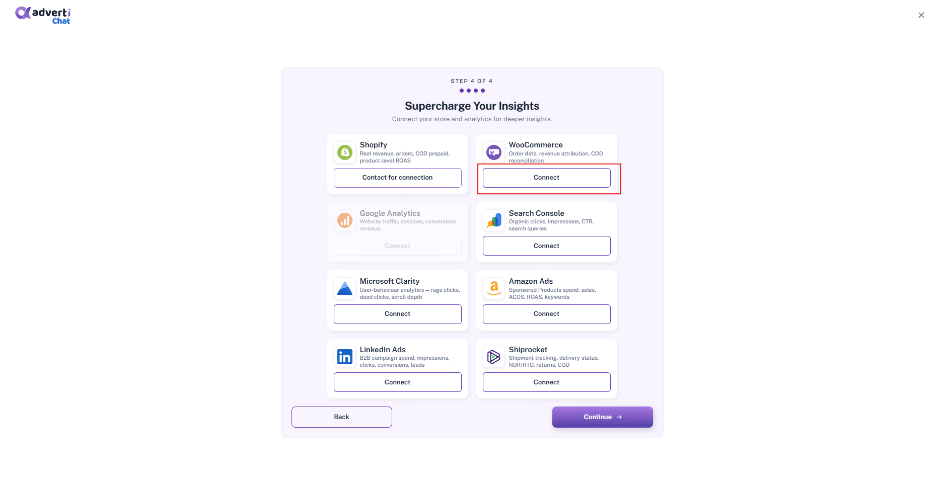 Supercharge Your Insights step showing the WooCommerce card and Connect button highlighted
