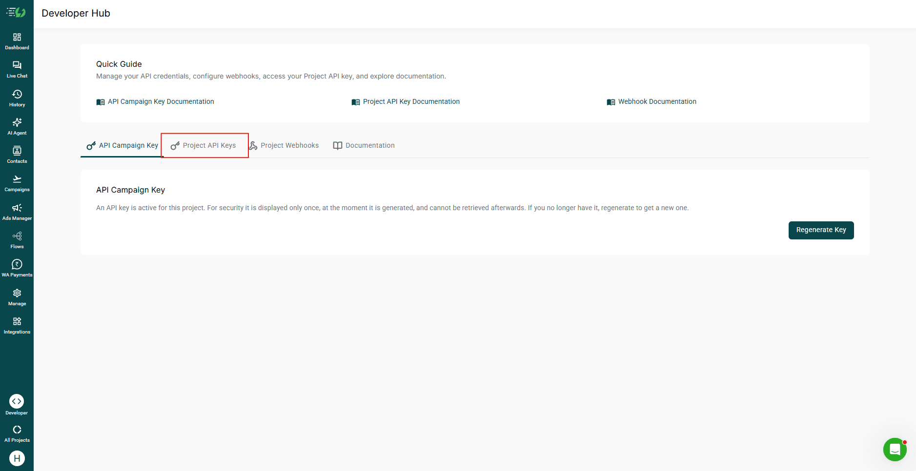 AiSensy Developer Hub with the Project API Keys tab highlighted