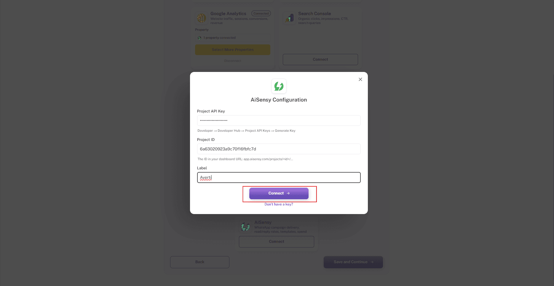 AiSensy Configuration pop-up filled in with API key, Project ID, and label