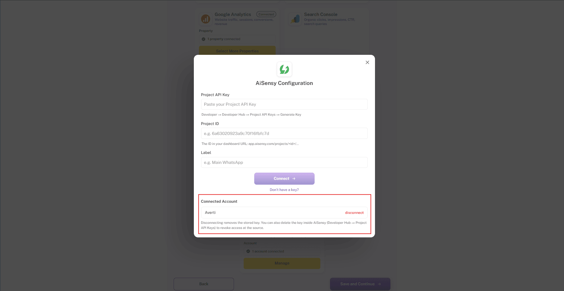 AiSensy Configuration pop-up showing the connected account