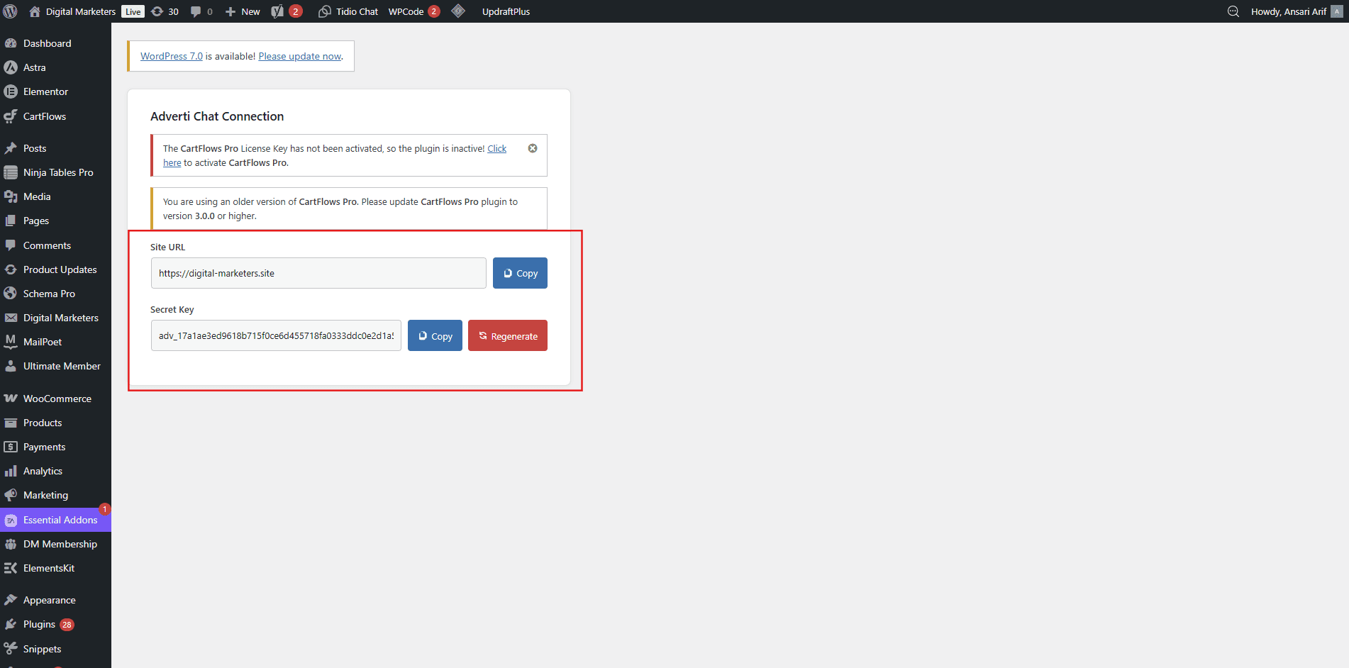 Adverti Chat Connection panel in WordPress showing the Site URL and Secret Key fields with Copy buttons